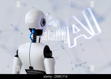Konzept von maschinellem Lernen oder künstlicher Intelligenz, Grafik eines Roboter-android mit Symbol-KI und futuristischem Element. 3D Abbildung Stockfoto