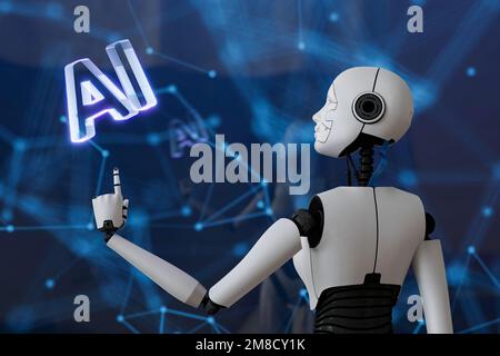 Konzept von maschinellem Lernen oder künstlicher Intelligenz, Grafik eines Roboter-android mit Symbol-KI und futuristischem Element. 3D Abbildung Stockfoto