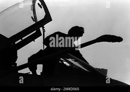 Ein Mitglied der Angriffsschwadron 122 (VA-122) reinigt die Windschutzscheibe eines A-7E Corsair II Flugzeugs. Basis: Marineflugstation, Lemoore Bundesstaat: Kalifornien (CA) Land: Vereinigte Staaten von Amerika (USA) Stockfoto