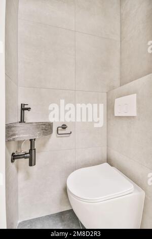 Eine weiße Toilette in einem Badezimmer mit grauen Fliesen an den Wänden und ein an der Wand befestigter Handlauf an der Rückseite des Stockfoto
