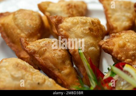 Mach einen Teller mit gebratenen Teigtaschen fertig. Köstliche japanische Teigtaschen in der Pfanne nennen sie Gyoza oder auch bekannt als chinesische Teigtaschen Jiaozi. Chinesische Wontons mit Süße Stockfoto