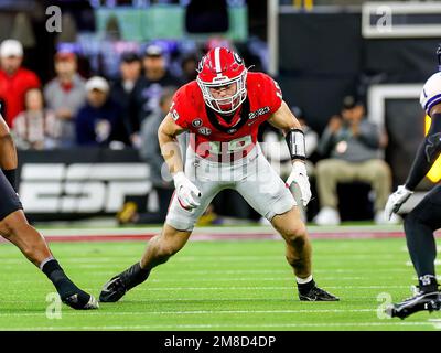 Inglewood, Kalifornien. 9. Januar 2023. Georgia Bulldogs Tight End Brock Bowers (19) versucht, während des College Football Playoff National Championship Spiels zwischen den TCU Horned Frogs und den Georgia Bulldogs am 9. Januar 2023 im SoFi Stadium in Inglewood, CA, zu blockieren. (Obligatorischer Kredit: Freddie Beckwith/MarinMedia.org/Cal Sport Media) (absoluter vollständiger Fotograf und erforderliche Credits).Fernsehen oder gewinnorientierte Zeitschriften Wenden Sie sich direkt an MarinMedia. Kredit: csm/Alamy Live News Stockfoto