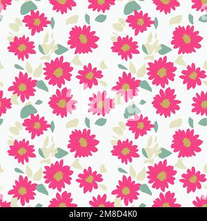 Nahtloses Blumenmuster mit roten Blumen und grünen Blättern auf Weiß, sich wiederholender Hintergrund für Netz und Druck Stockfoto