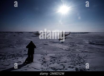 Zwei UH-1 Iroquois Helikopter (UH-1N, links) bringen Vorräte für ein Team, das Operationen unter dem arktischen Eis durch die nuklearbetriebenen U-Boote USS GURNARD (SSN 662) und USS SEAHORSE (SSN 669) unterstützt. Basis: Ice Camp Aplis Country: Arktischer Ozean Stockfoto