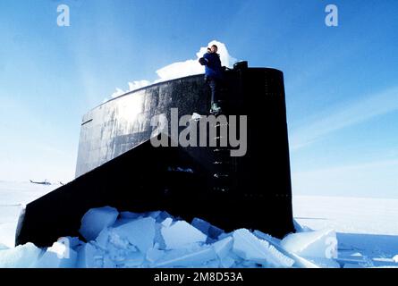 Senator Albert Gore aus Tennessee erklingt die Segelstruktur des nuklearbetriebenen U-Boots USS GURNARD (SSN 662) während des Betriebs im arktischen Eis vor Alaska. Basis: USS Gurnard (SSN 662) Land: Arktischer Ozean Stockfoto