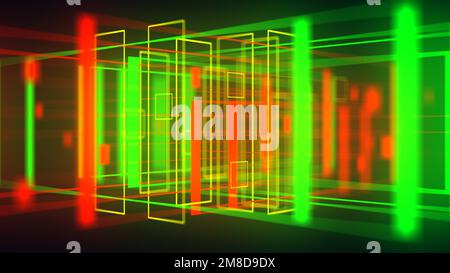 VJ-Schleife in farbenfrohem Rot und Grün mit geometrischem 3D-Neonhintergrund. Glänzende, farbenfrohe Formen Stockfoto