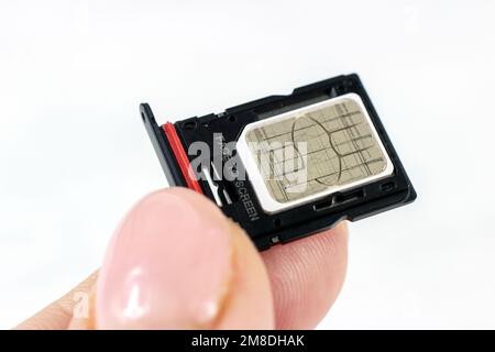 Weibliche Hände Stecken Sie die SIM-Karte des Telefons aus der Nähe des Smartphones in den Halter. Stockfoto