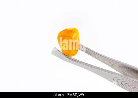 Helles, hellgelbes, bernsteinfarbenes Schmuckstück in der Zange auf hellem Hintergrund Nahaufnahme mit Kopierbereich. Stockfoto
