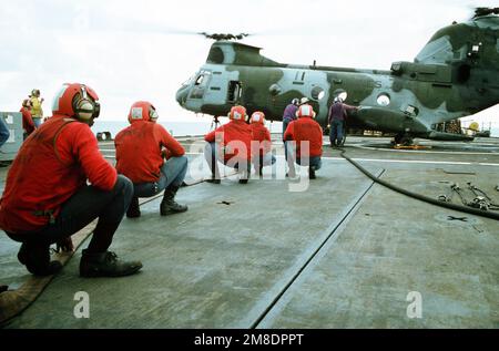 Die Besatzung des Cockpits steht bereit, wenn ein Marine Medium Helicopter Squadron 162 (HMM 162) CH-46E Sea Knight Helikopter an Bord des Panzerlandeschiffs USS BARNSTABLE COUNTY (LST 1197) betankt wird. Das BARNSTABLE COUNTY gehört zu den Schiffen, die vor der liberianischen Küste stationiert sind, als Teil der Operation SCHARFE KANTE. Betreff Betrieb/Serie: SCHARFE KANTE Land: Atlantik (AOC) Stockfoto