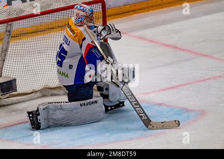 Lausanne, Schweiz. 01. März 2023. Jula Metsola (Torwart) von EHC Kloten #55 ist während des 36. Tages der Schweizer Nationalliga 2022-2023 in der Saison der Schweizerischen Nationalliga 2022-2023 mit der Lausanne HC und EHC Kloten in Aktion. Der 36. Tag der Schweizer Nationalliga 2022-2023 zwischen Lausanne HC und dem EHC Kloten fand in der Vaudoise Arena in Lausanne statt. (Foto: Eric Dubost/Sipa USA) Guthaben: SIPA USA/Alamy Live News Stockfoto