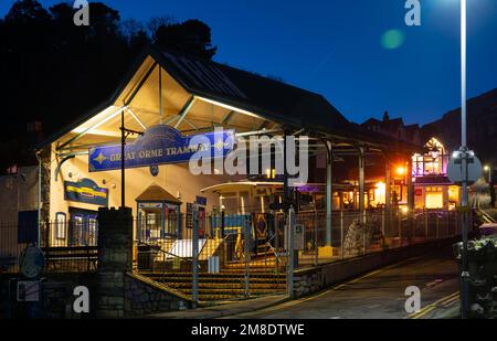 Der Great Orme Tramway Terminus, Llandudno, ist für den Winter geschlossen. Bild wurde im Januar 2023 aufgenommen. Stockfoto