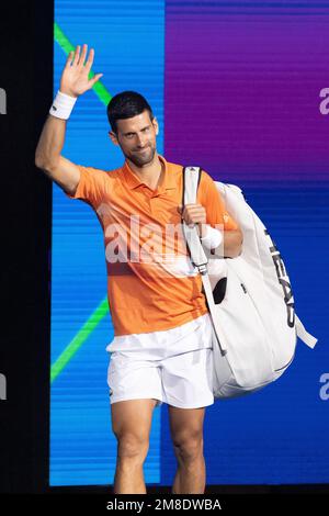 Melbourne, Victoria, Australien. 13. Januar 2023. NOVAK DJOKOVIC aus Serbien und Nick Kyrgios aus Australien spielen im Vorfeld der Australian Open 2023 im Melbourne Park ein Wohltätigkeitsspiel der Arena Showdown. (Kreditbild: © Chris Putnam/ZUMA Press Wire) NUR REDAKTIONELLE VERWENDUNG! Nicht für den kommerziellen GEBRAUCH! Stockfoto