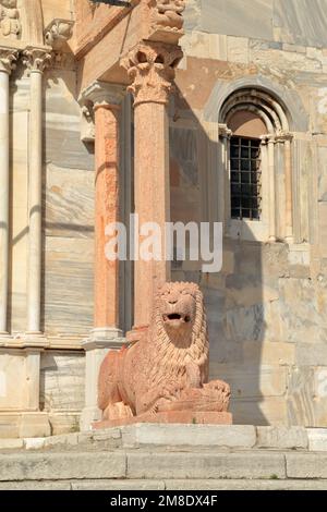 Rote Marmorlöwen der Kathedrale von Ancona. Duomo di Ancona, Italien. Basilika Cattedrale Metropolitana di San Ciriaco Stockfoto