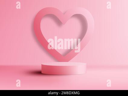 Happy valentine Day 3D realistische pinkfarbene Podiumplattform mit pinkfarbenem Herzen auf pinkfarbenem Hintergrund. Sie können für Produktdarstellungen für Liebhaber und Werbeaktionen verwenden Stock Vektor