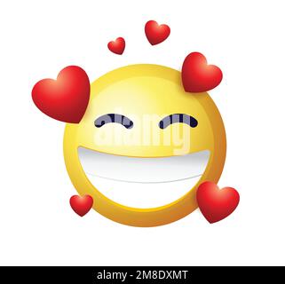 Hochwertiges Emoticon auf weißem Hintergrund. Emoji, das rot wird und sich in rote Herzen verliebt. Gelbgesicht-Emoji in der Liebe. Beliebte Chat-Elemente. Ich liebe Emoticon. Stock Vektor