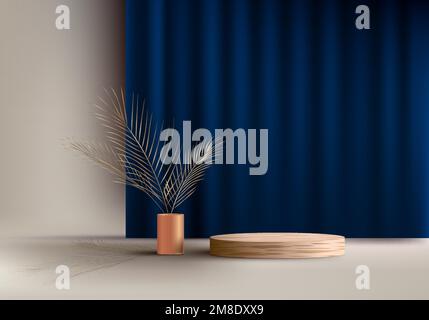 3D realistisch eleganter Podiumsockel aus Holz mit blauem Vorhang, Hintergrunddokoration, goldene Vase, goldene Palmenblätter auf beigem Hintergrund, luxuriöser Stil. Du bist c Stock Vektor