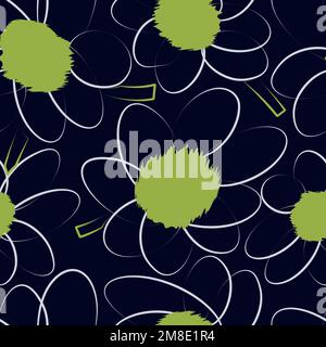 Nahtlos einfaches, niedliches Muster großer Blumen mit weißen Umrissen auf hellem marineblauem Hintergrund. Endlose Blumenverzierung mit wunderschönen Blüten Stock Vektor