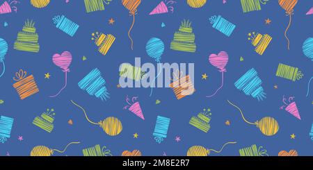 Fun handgezeichnete Partei nahtlose Hintergrund mit Kuchen, Geschenkboxen, Luftballons und Party-Dekoration. Ideal für Geburtstagsfeiern, Textilien, Banner, Wallpap Stock Vektor