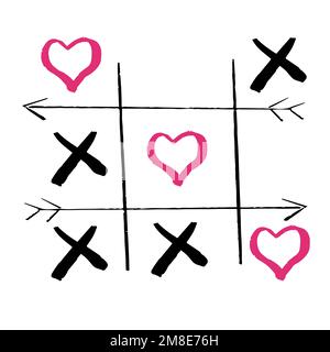 TIC tac Toe Doodle-Spiel mit Kreuz und Kreiszeichen, süßes rosa Herzzeichen isoliert auf weißem Hintergrund. . Vektordarstellung Stock Vektor