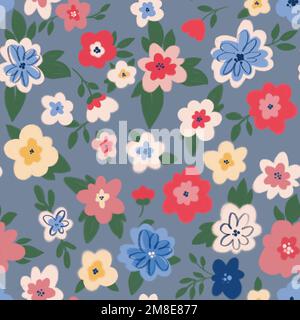 Wunderschönes, nahtloses Blumenmuster mit süßen abstrakten Blumen. Textildruckstoff und Digitalpapier. Bestandsdarstellung Stockfoto