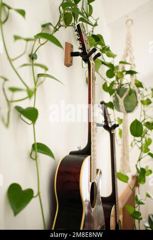 Nahaufnahme der Gitarren an der Wand mit Indoor Plant in Macrame Plant Holder Stockfoto