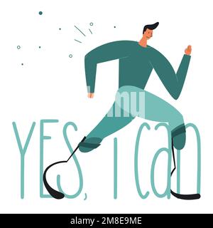 Sportsmann-Geburtsanomalie mit bionischem Bein, Titanfuß, Implantat oder Prothese. Vektordarstellung mit Phrase JA, das kann ich. Stock Vektor