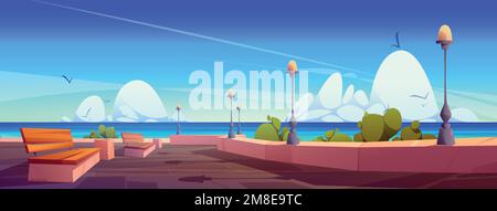 Stadtböschung in der Sommersaison. Cartoon-Vektordarstellung der Strandpromenade mit Bänken, Lampen, grünen Pflanzen, Vögeln, die am hellblauen Himmel fliegen Stock Vektor