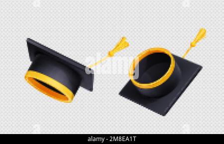 Die Graduierungskappen in die Luft werfen. Fliegende schwarze Akademiehüte mit gelber Seilquaste isoliert auf transparentem Hintergrund, 3D-Vektorgrafik, Winkel Stock Vektor