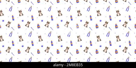 Nahtloses Muster mit Werkzeugen und Verbrauchsmaterialien. Farbenfroher Hintergrund für Friseursalon und Tierhandlung, T-Shirt, Bekleidungsdruck, Webseite, Oberflächenstruktur und Stoffe. Pfote, Knochen, Schere, Schüssel, Nase, Hund. Vektordarstellung Stock Vektor