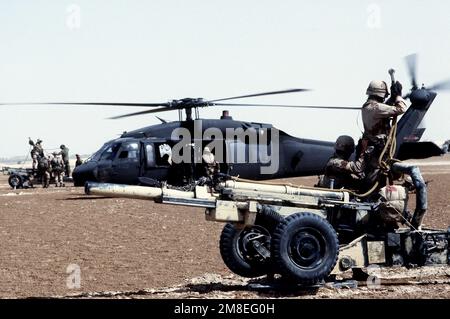 Mitglieder von Btry. C, 1. Mrd., 319. Field Artillery Regt., bereite einen M-102 105mm-Haubitzer für den Lufttransport vor, von einem 2. Bataillon, 82. Luftwaffendivision UH-60 Black Hawk (Blackhawk) Helikopter während der Operation Desert Shield. Betreff Operation/Serie: WÜSTENSCHILD Land: Saudi-Arabien (Sau) Stockfoto