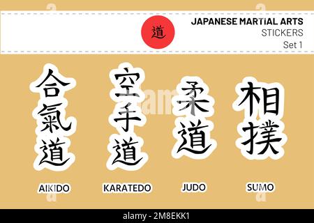 Aikido, Karate do, Kyudo, Sumo. Ein Satz kalligraphischer Hieroglyphen oder Kanji, Namen der Kampfkunst. Weißes Hachimaki-Stirnband, japanische Flagge Stock Vektor