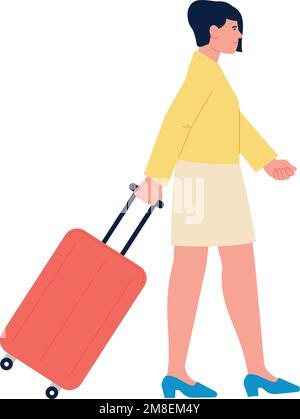 Frau mit Koffer. Touristencharakter mit Reisetasche Stock Vektor
