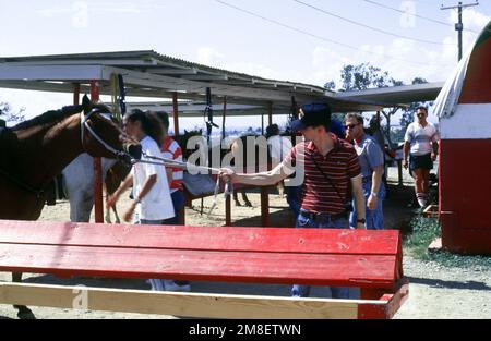 Matrosen von besuchten Schiffen mieten Pferde am Morale, Welfare and Recreation (MWR) Corral des Bahnhofs. Basis: Marinestützpunkt, Guantanamo Bay Country: Kuba (CUB) Stockfoto