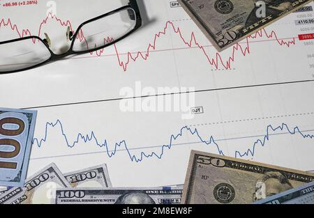 Aktiendiagramm mit US-Währung und Brille Stockfoto