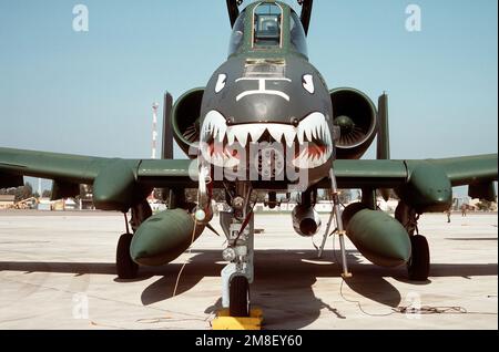 Nahaufnahme eines 23. Tactical Fighter Wing A-10A Thunderbolt II Flugzeugs mit einer GAU-8/A Avenger 30mm Pistole im Nasenbereich. Das Flugzeug ist auf dem Weg in die Vereinigten Staaten, nachdem es während der Operation Desert Storm im Persischen Golf eingesetzt wurde. Betrifft Operation/Serie: STÜTZPUNKT WÜSTENSTURM: Marineflugstation, Sigonella Staat: Sizilien Land: Italien (ITA) Stockfoto