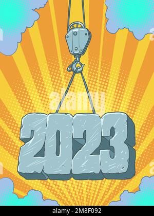 Turmkran fasst 2023. Turmkran fasst Stahl und Eisen 2023. Bauunternehmen kündigt das kommende 2023 an. Stock Vektor