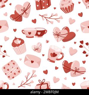 Valentinstag. Love Concept niedliche Vektordarstellung Nahtloses Muster mit Herzen, Liebe, Blumen, Umschlag, Pfeilen, eine tasse Kaffee und Cupcakes. Stock Vektor