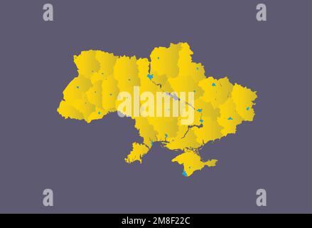 Karte der Ukraine mit Flüssen und Seen. Die Karte zeigt Oblasten und kleine Karten ihrer Zentren (in Blau). Sie können alle diese Karten verwenden (Karte der Ukraine, Karten Stock Vektor