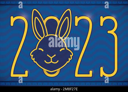 Blaues Design mit Wellen, goldener 2023-Nummer und Hasenkopf zur Feier des chinesischen Neujahrs dieses Tieres. Stock Vektor