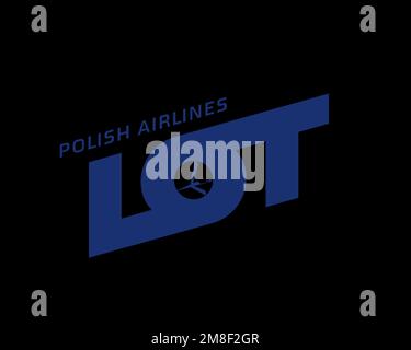 LOT Polish Airline, gedrehtes Logo, schwarzer Hintergrund Stockfoto