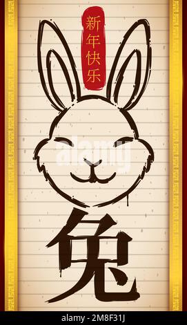 Vertikaler Scroll mit Happy Hase und Begrüßung für ein Happy Chinese New Year of the Rabbit (in chinesischer Kalligraphie geschrieben). Stock Vektor