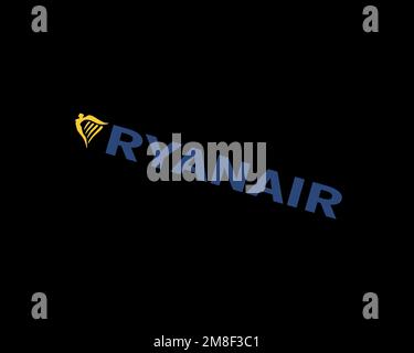 Ryanair, gedrehtes Logo, schwarzer Hintergrund B Stockfoto