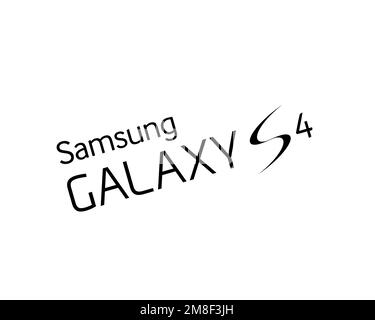 Samsung Galaxy S4, gedrehtes Logo, weißer Hintergrund Stockfoto