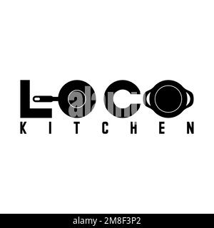 Einfacher Buchstabe oder Wort-LOCO-Text ohne Serif mit 2 Pfannen auf O-Schriftart Grafik-Symbol Logo-Design abstraktes Konzept Vektormaterial Initial oder Food Stock Vektor
