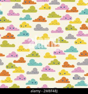 Niedliche bunte Kawaii-Wolken, nahtlose Vektormuster. Ideal für Kinderprodukte, Textilien, Verpackungen, Sammelalben Stock Vektor
