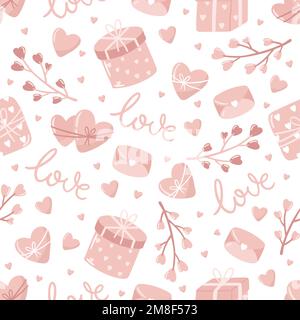 Valentinstag. Love Concept niedliche Vektordarstellung Nahtloses Muster mit Herzen, Liebe, Blumen, Umschlag, Pfeilen, eine tasse Kaffee und Cupcakes. Stock Vektor