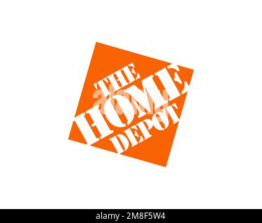 Home Depot, gedrehtes Logo, weißer Hintergrund B Stockfoto