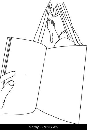 Skizzieren Sie die Entspannung mit einem Buch auf einer Hängematte Stock Vektor