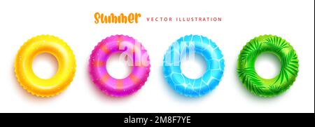 Sommerschwimmer-Vektorset. Aufblasbares Element aus Rettungskleidung mit farbenfrohem und tropischem Design. „Vector Illustration“-Sommerkollektion. Stock Vektor