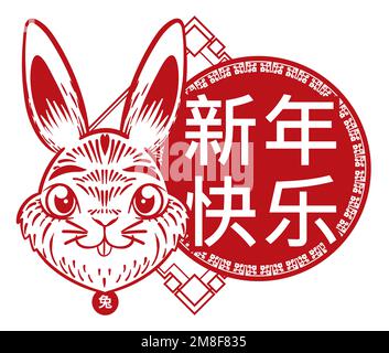 Rotes Design mit niedlichem Kaninchen und runder Knopf mit Gruß (in chinesischer Kalligraphie geschrieben) für ein frohes chinesisches Neujahr. Stock Vektor
